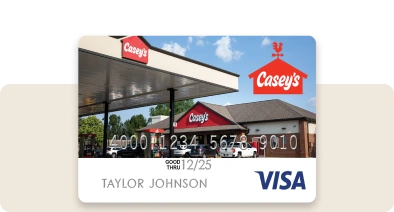 Casey’s branded Visa gift card featuring a gas station image and cardholder name.