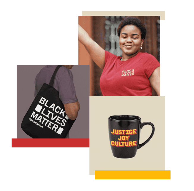 Image collage displaying three merch items: tote bag with logo, mug that reads "Justice Joy Culture" and a smiling woman wearing a red t-shirt that reads "Black Lives Matter"