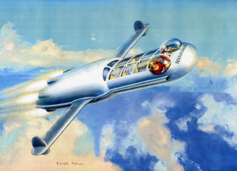 Spaceship Away Issue 8 features a centre spread by Gerald of the Anastasia, Dan Dare's personal spacecraft, in atmospheric flight.