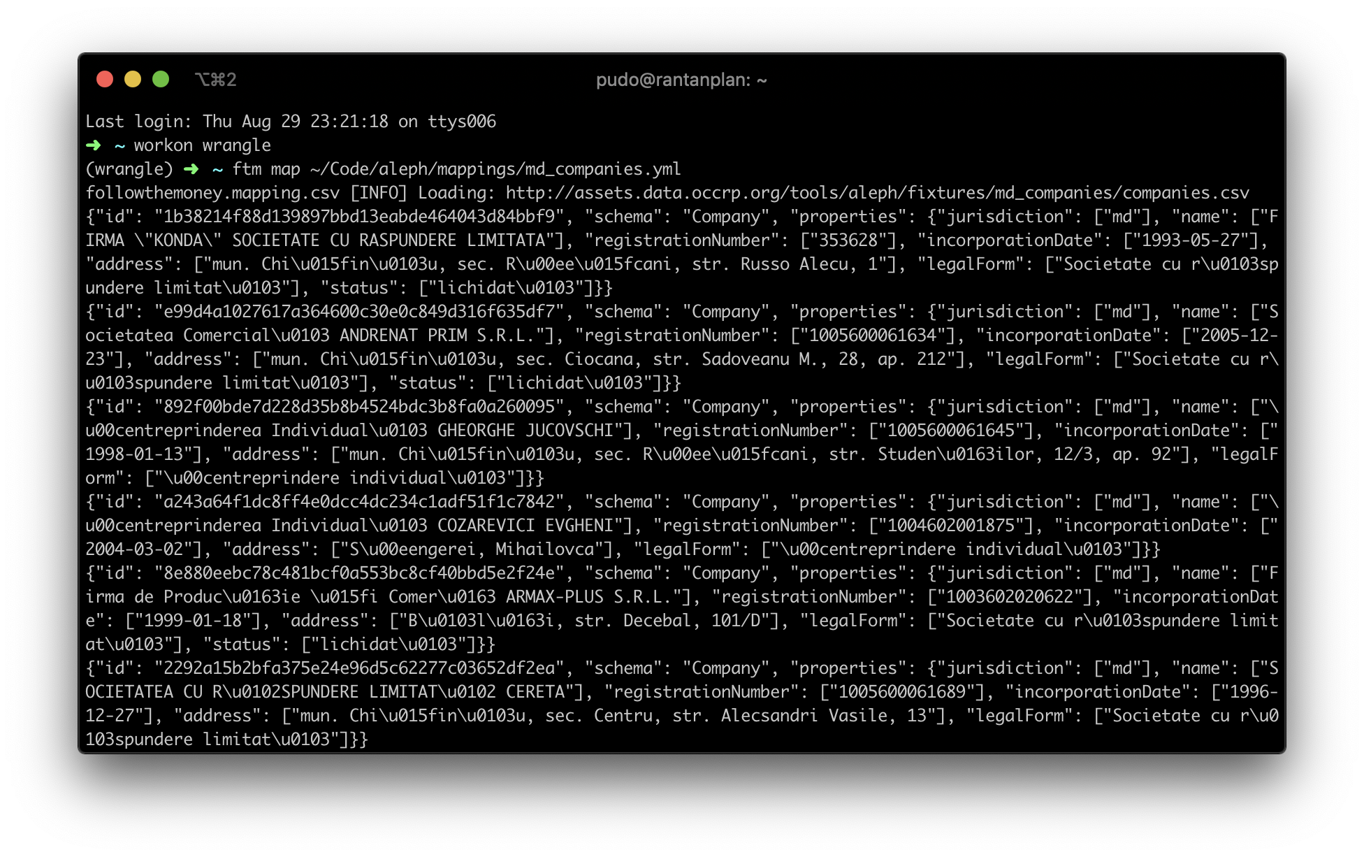 Terminal showing the JSON output of ftm map for the Moldovan companies mapping.