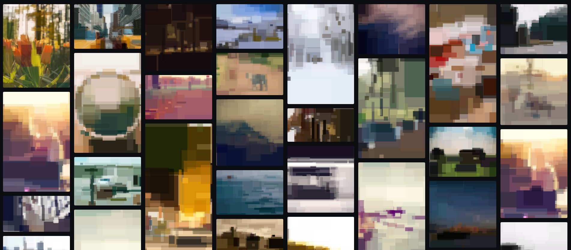 arthash preview gallery — DCT, triangle, circle, square, rect, rotated rect, and pixel modes side by side