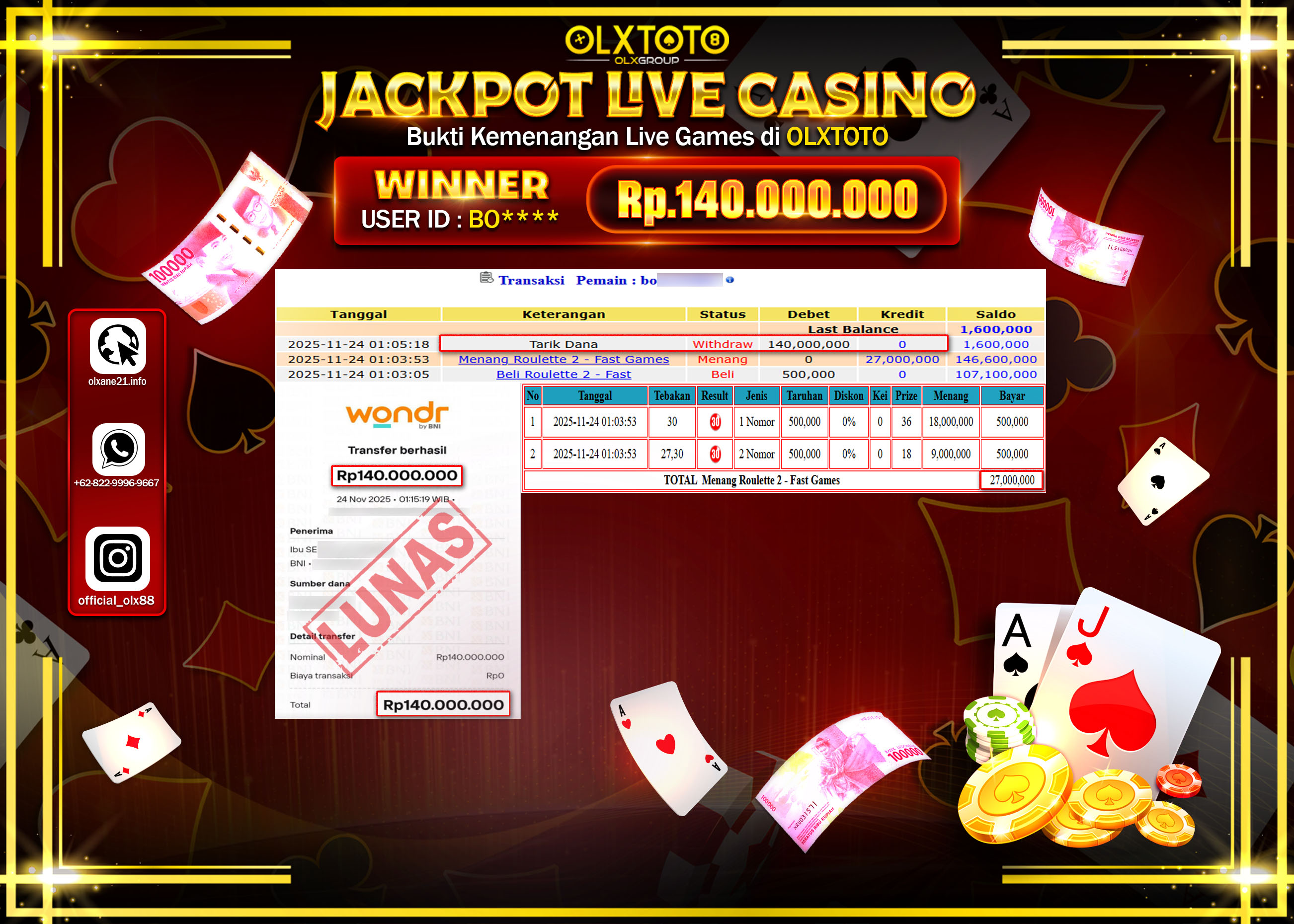 OLXTOTO JACKPOT LIVE GAMES ROULETTE   Rp.140.000.000,- LUNAS