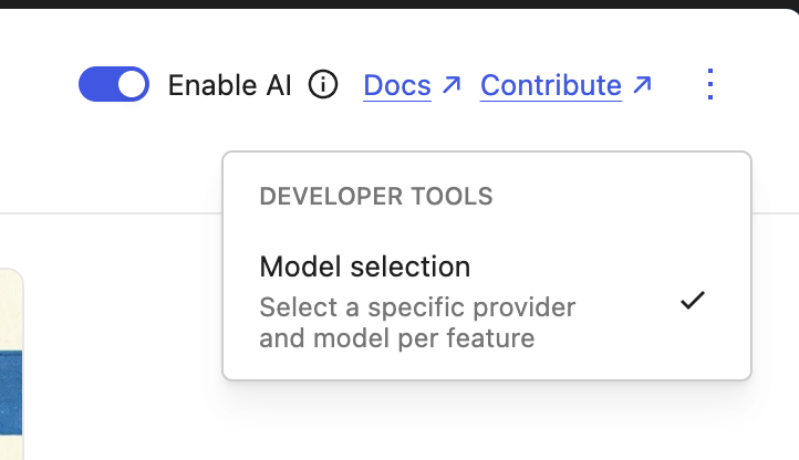 AI plugin settings page showing the new Developer Tools menu with the Model selection option in that menu