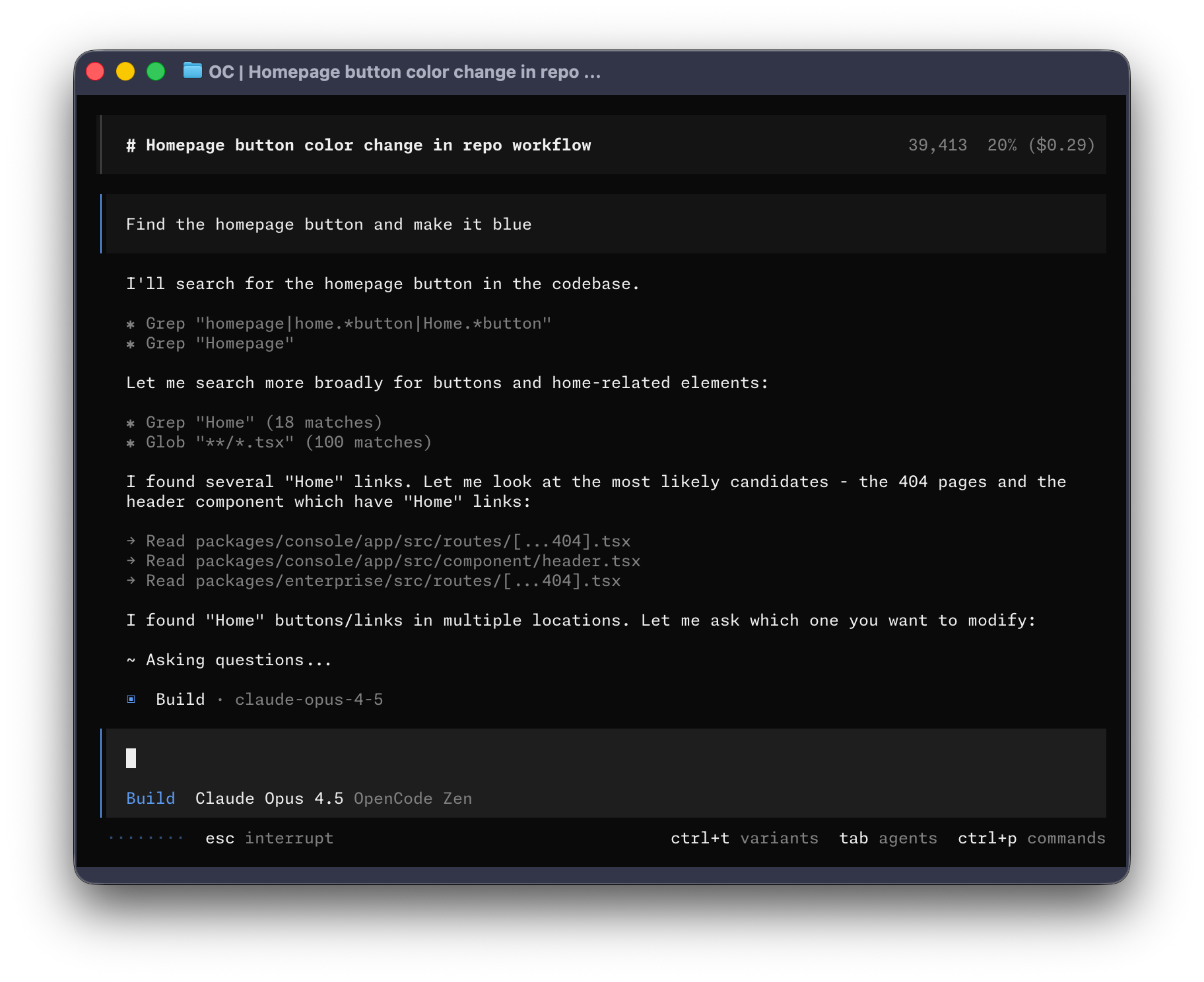 opencode TUI z motywem opencode