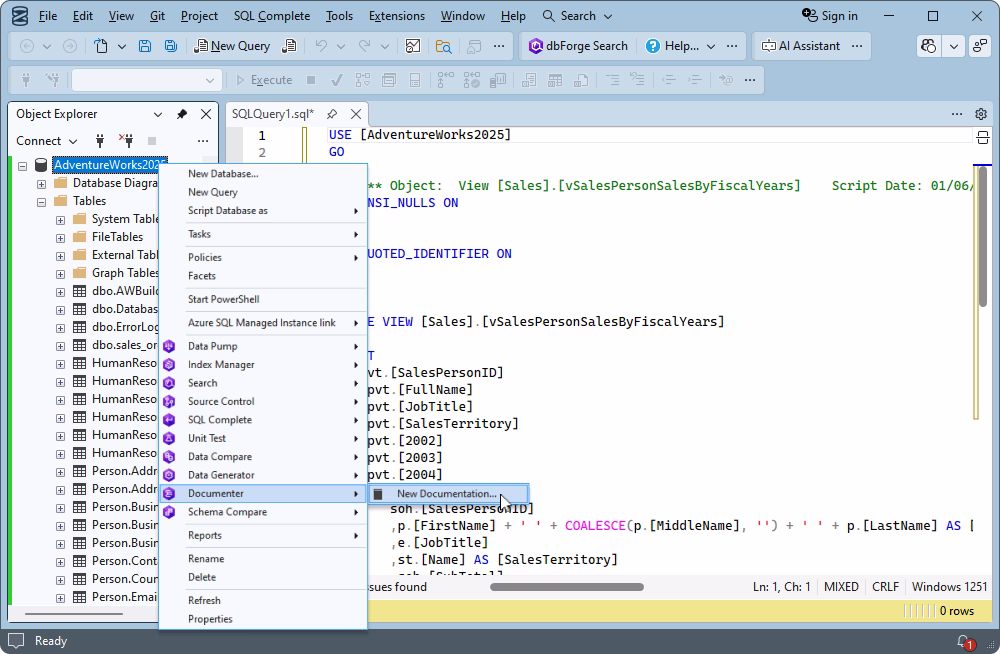 dbForge Documenter integrated with SSMS