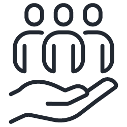 An icon depicting a hand supporting three simplistic figures, symbolizing community support and engagement. This image represents the concept of Community Programs focused on helping individuals within the community.