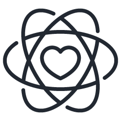 A stylized icon featuring an atom-like design with a heart at its center, symbolizing the intersection of science and community well-being, relevant to Community Programs.