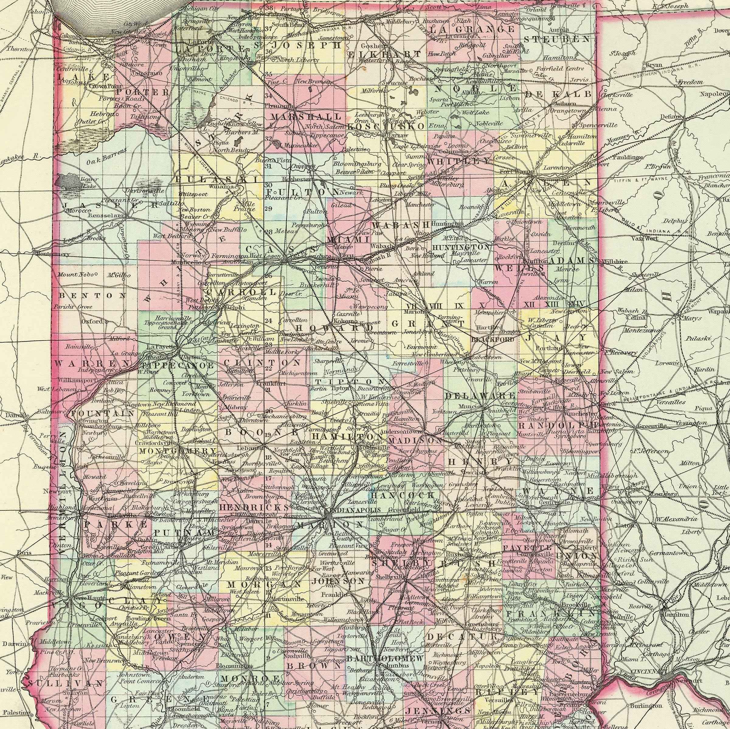 1856 Indiana Map - Vintage State Map by Colton (Restored) for Collectors