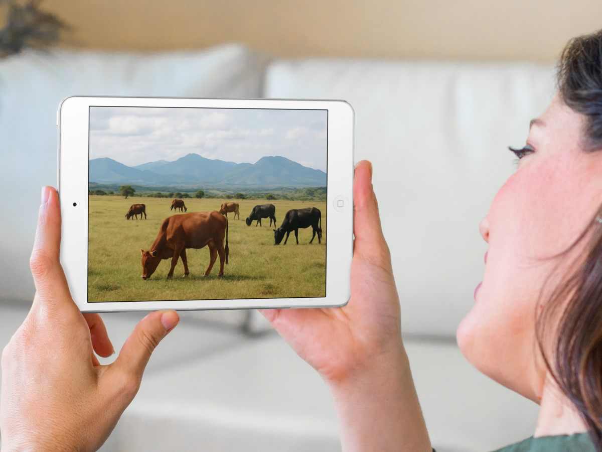 Prevalence and Associated Risk Factors of Bovine Fasciolosis in Bahir Dar, Ethiopia: Cross-Sectional Study Woman holding a tablet displaying cows grazing in a field with mountains.