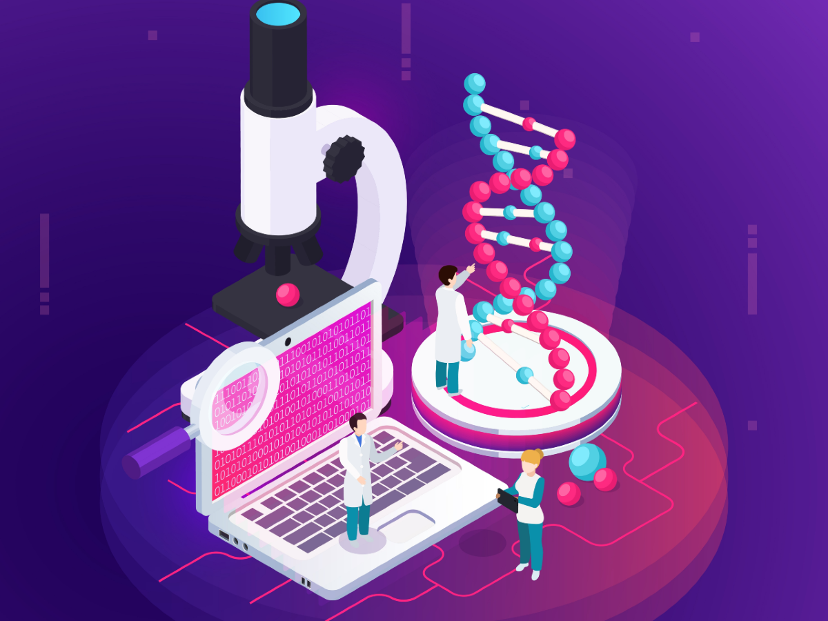 A Strategic Partnership to Advance AI Applications in Genomics and Bioinformatics for Health Innovation Scientists analyze DNA and data on laptop with microscope in background