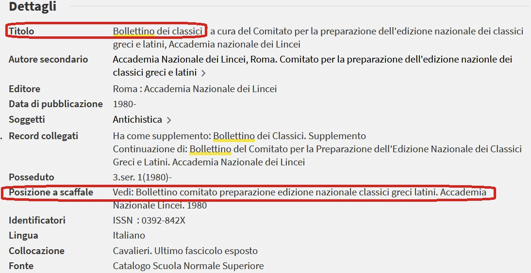 registrazione bibliografica rivista di lettere