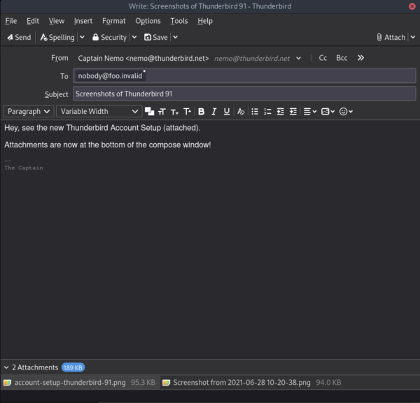 The Thunderbird compose window with the attachment pane at the bottom.