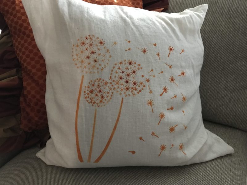 stenciled pillow with dandelions by Lynn Woll