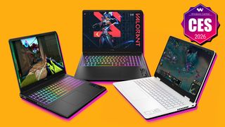 HyperX OMEN 16, 15, and 16 Max on a yellow background with pink shadows. A graphic in the upper right corner reads "Windows Central CES 2026."