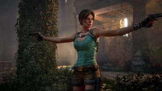 A hero shot of Lara Croft holding her guns in Tomb Raider: Legacy of Atlantis