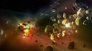 an explosion in space sends a rocky asteroid breaking apart into smaller chunks of rock