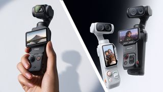 DJI Pocket 3 and Insta360 Luna Ultra vlogging cameras on clean and bright studio backgrounds