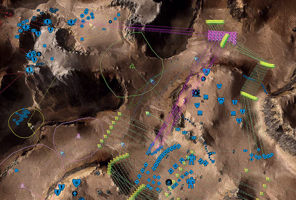 Complex user-interface filled with commands and orders for a large strategical attack.