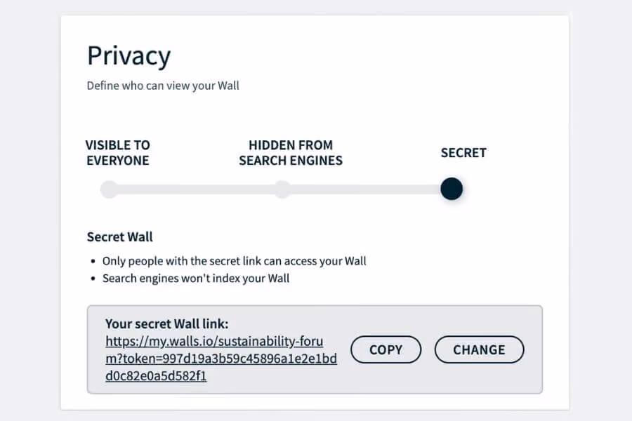 A Walls.io Privacy setting showing the wall's visibility slider set to "Secret," with a secret link displayed.