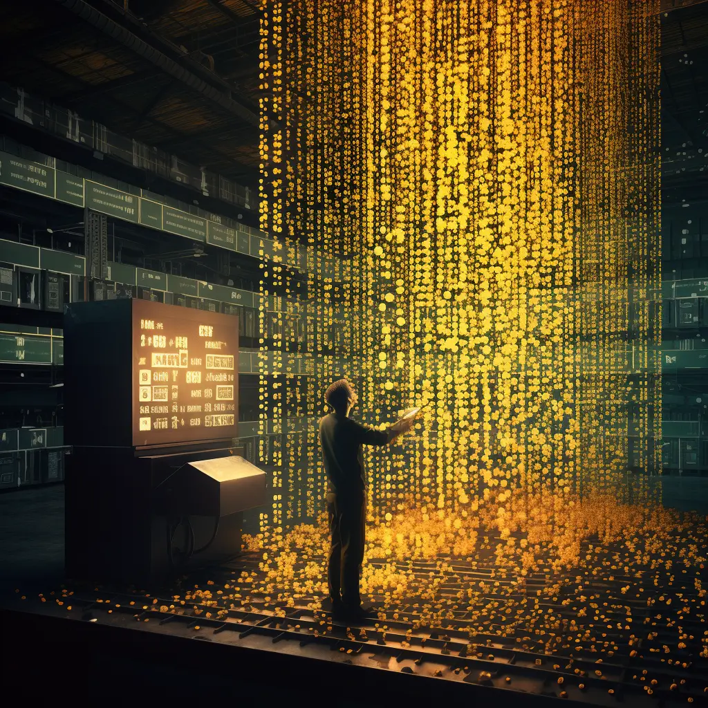 A person standing and observing a waterfall of data, with computer screens in the periphery