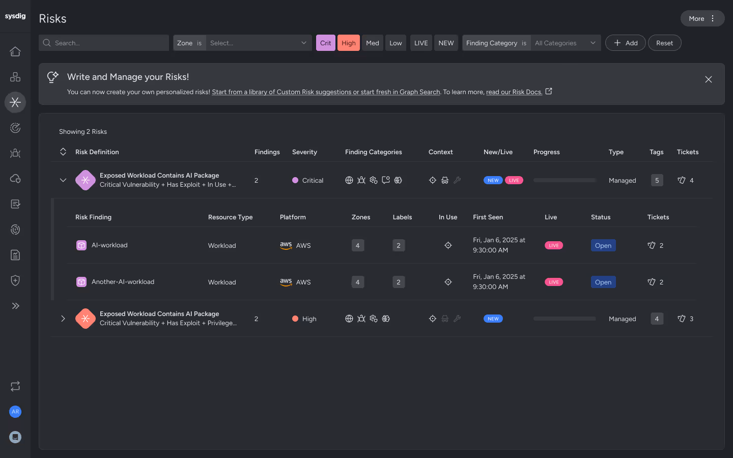 Dashboard view of a risk management interface listing two AI workload risks with critical and high severity, showing details like findings, platform (AWS), zones, status, and tickets.