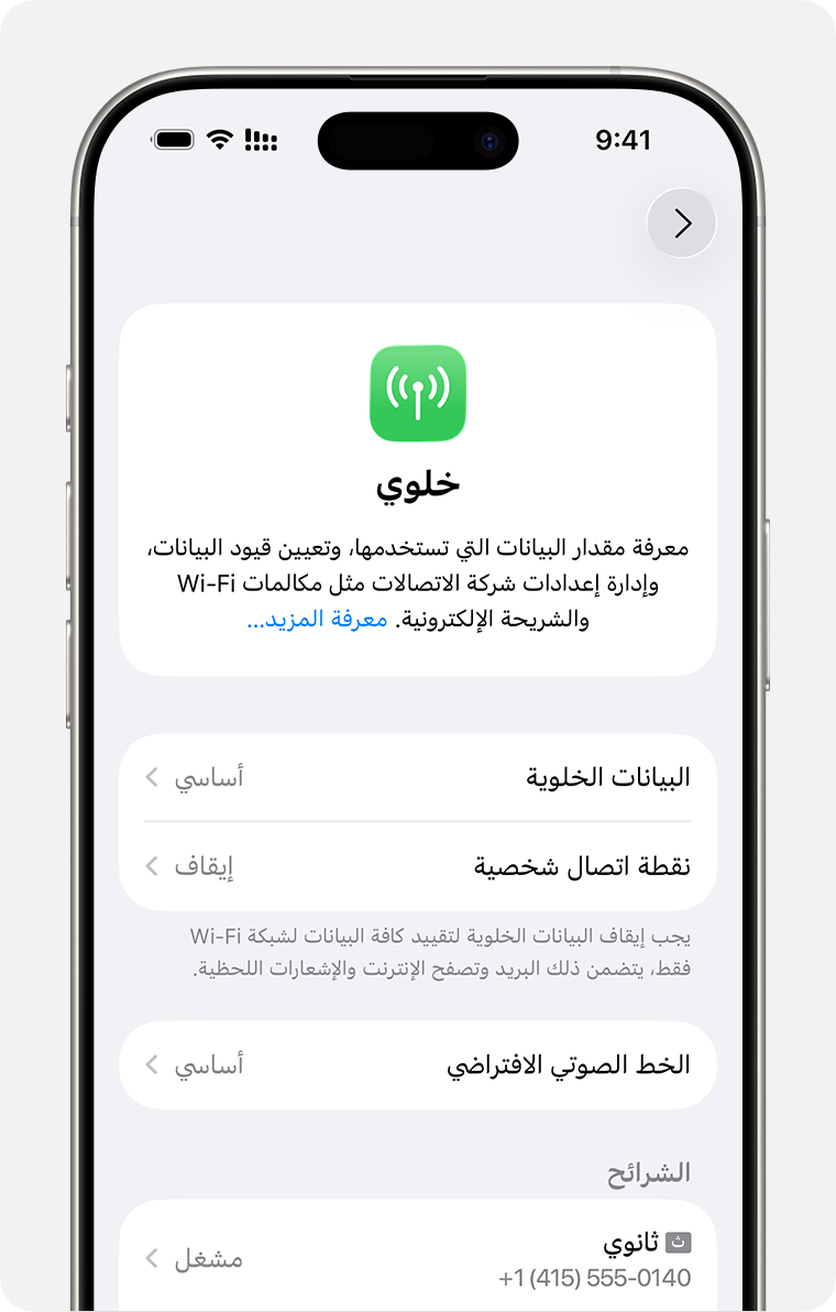 شاشة iPhone لإدارة الإعدادات الخلوية لكل باقة.