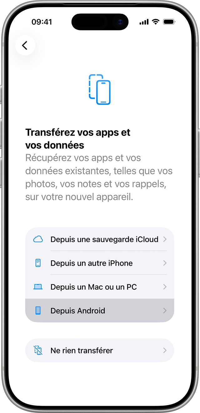 Pendant le processus de transfert, vous pouvez choisir les apps et les informations que vous souhaitez migrer.