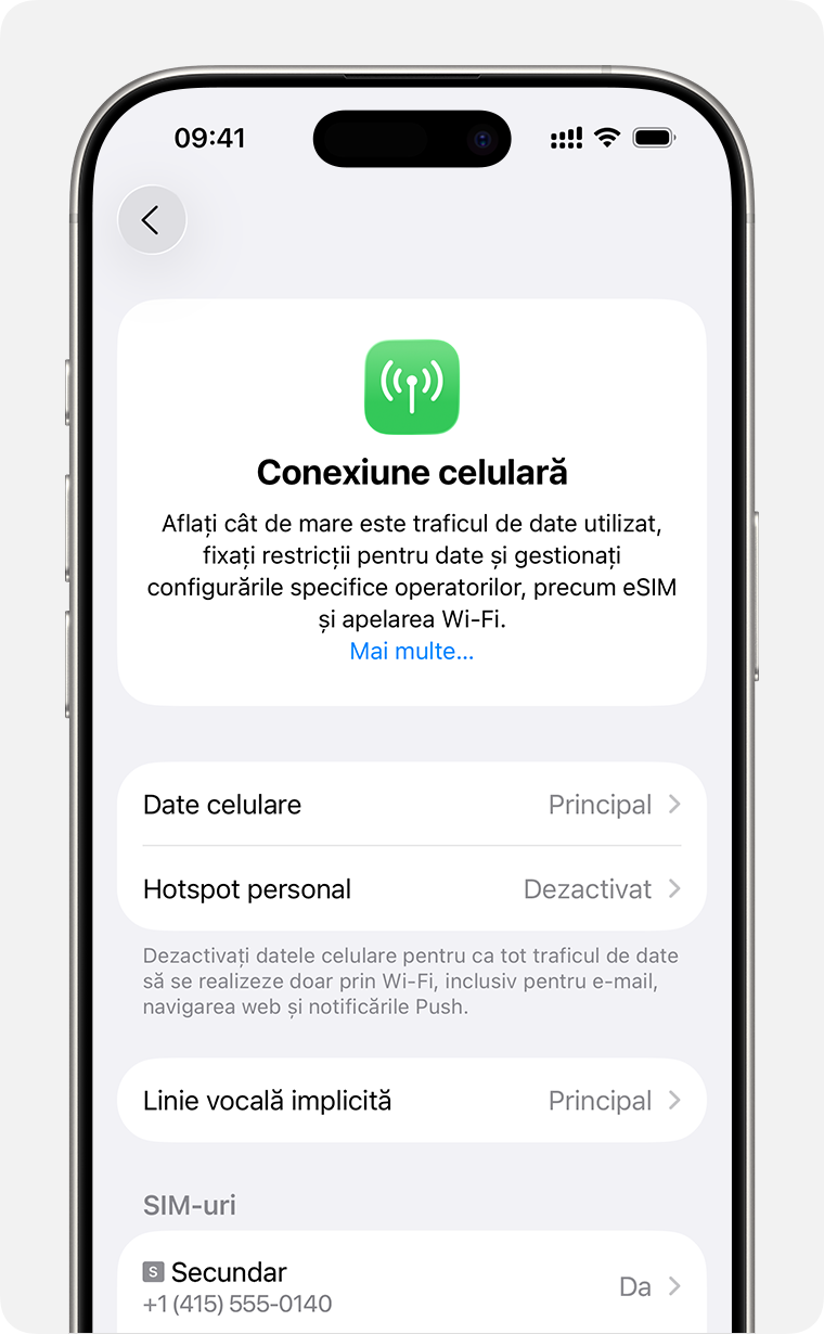 Ecranul iPhone pentru gestionarea configurărilor celulare pentru fiecare dintre planurile tale.