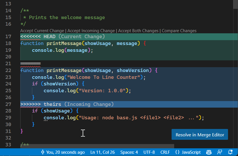 Screenshot of inline conflict markers in the editor showing current and incoming changes.