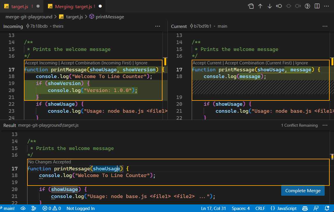 Screenshot of the 3-way merge editor showing incoming, current, and result panels.