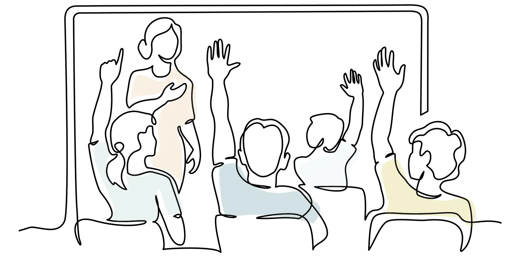 Line drawing of college students in a classroom