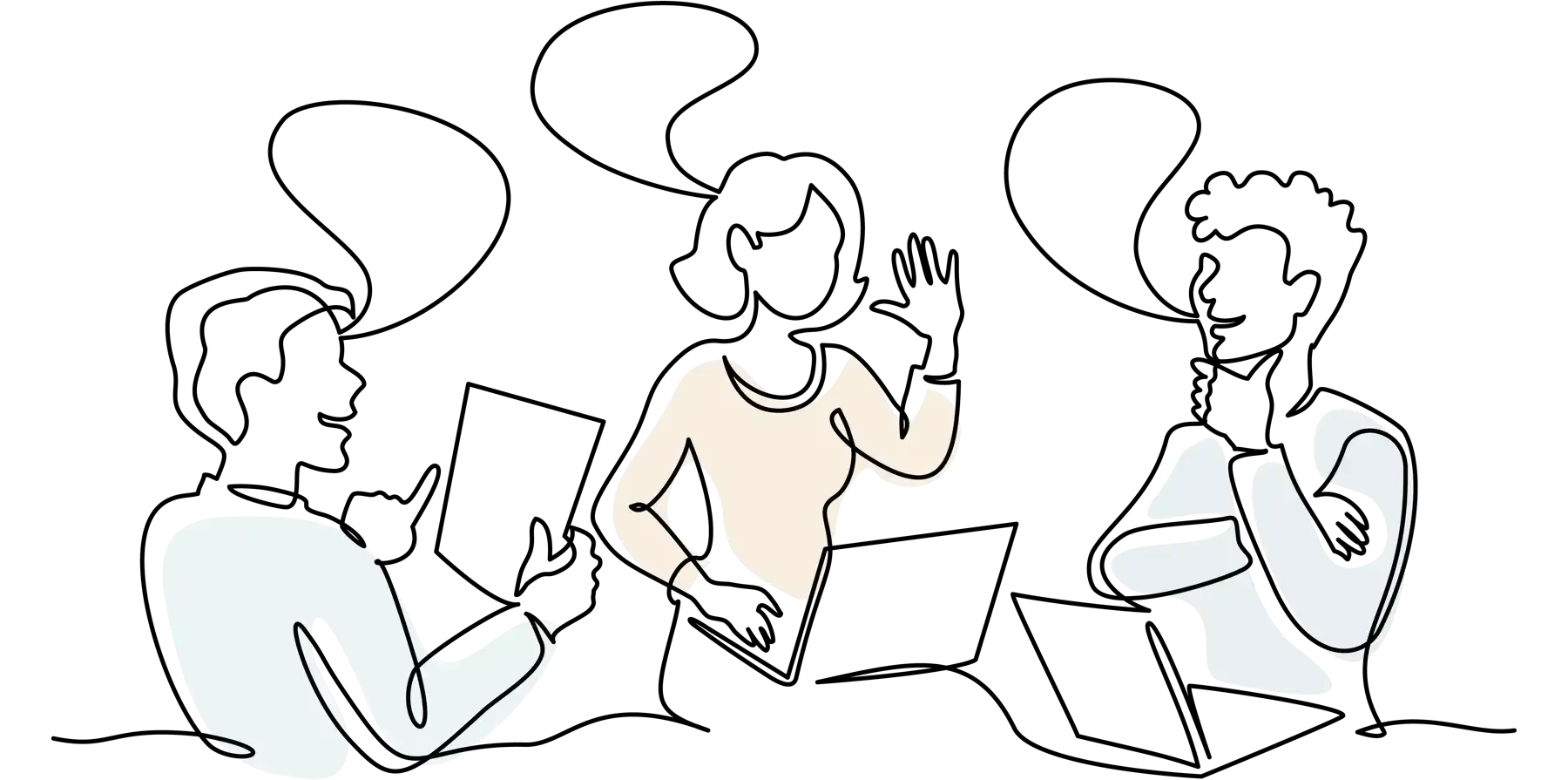 Line drawing of college students engaged in thoughtful discourse
