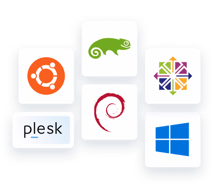 Logos von Ubuntu, Plesk, Debian, cPanel und Windows auf grünem Hintergrund.