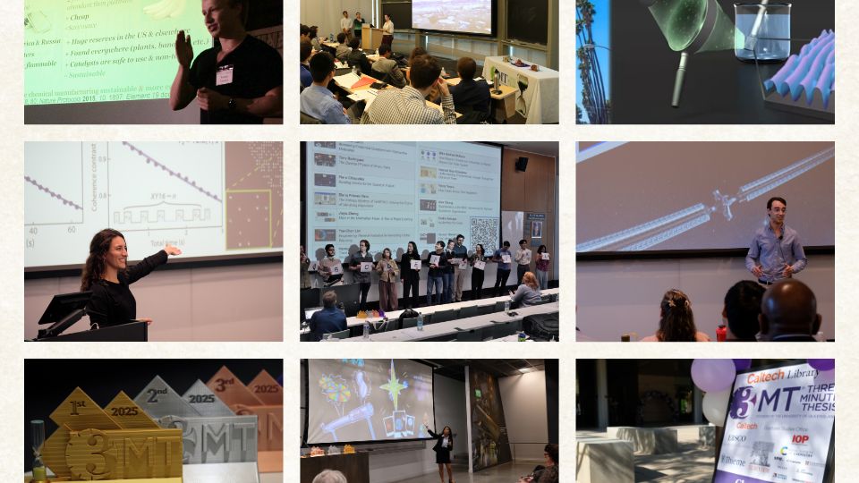 Nine photos from Caltech's 3MT competitions, 2016 through 2025