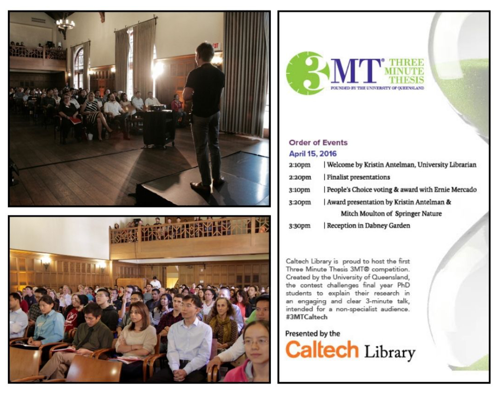 Collage of 2016 Caltech 3MT competition: audience, a finalist presenting, and the event program