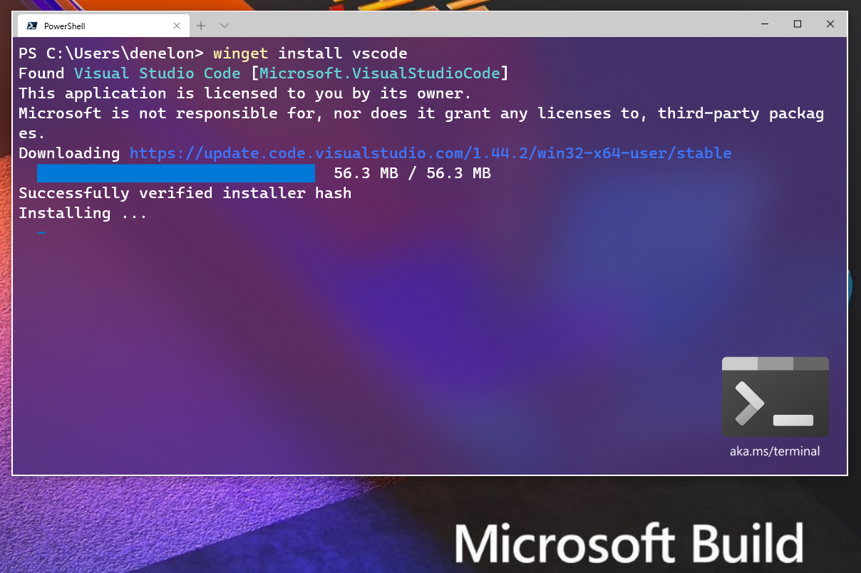 Executing the winget install vscode command in Windows Terminal