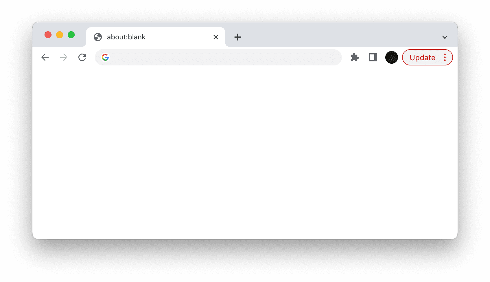 Chrome 中的 about:blank,带有红色“更新”按钮。