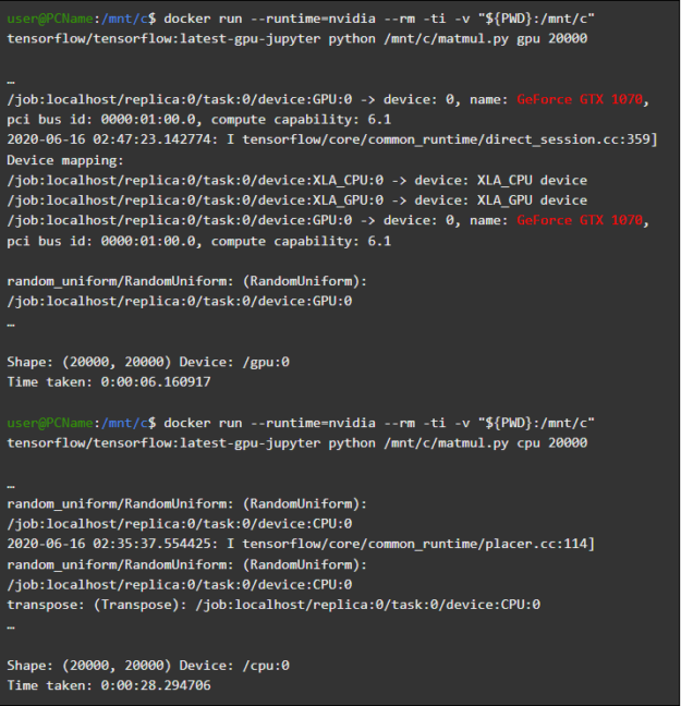 Results of running docker run --runtime=nvidia --rm -ti -v "${PWD}:/mnt/c" tensorflow/tensorflow:latest-gpu-jupyter python /mnt/c/matmul.py gpu 20000