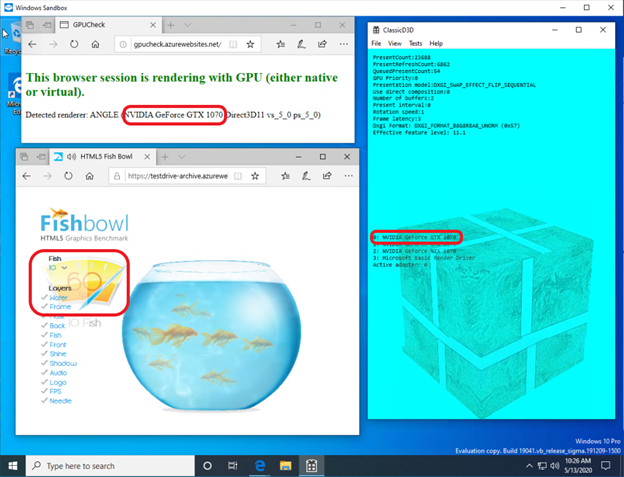 The picture shows two instances of the Edge browser running inside a GPU-accelerated Hyper-V VM of the Windows Sandbox app as well as an instance of the sample DirectX app (ClassicD3D). Real GPU used for the acceleration is highlighted in the running virtualized app outputs.