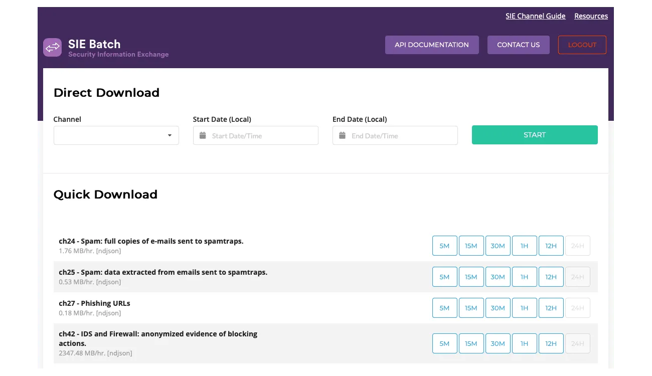 SIE Batch dashboard showing Direct Download and Quick Download sections