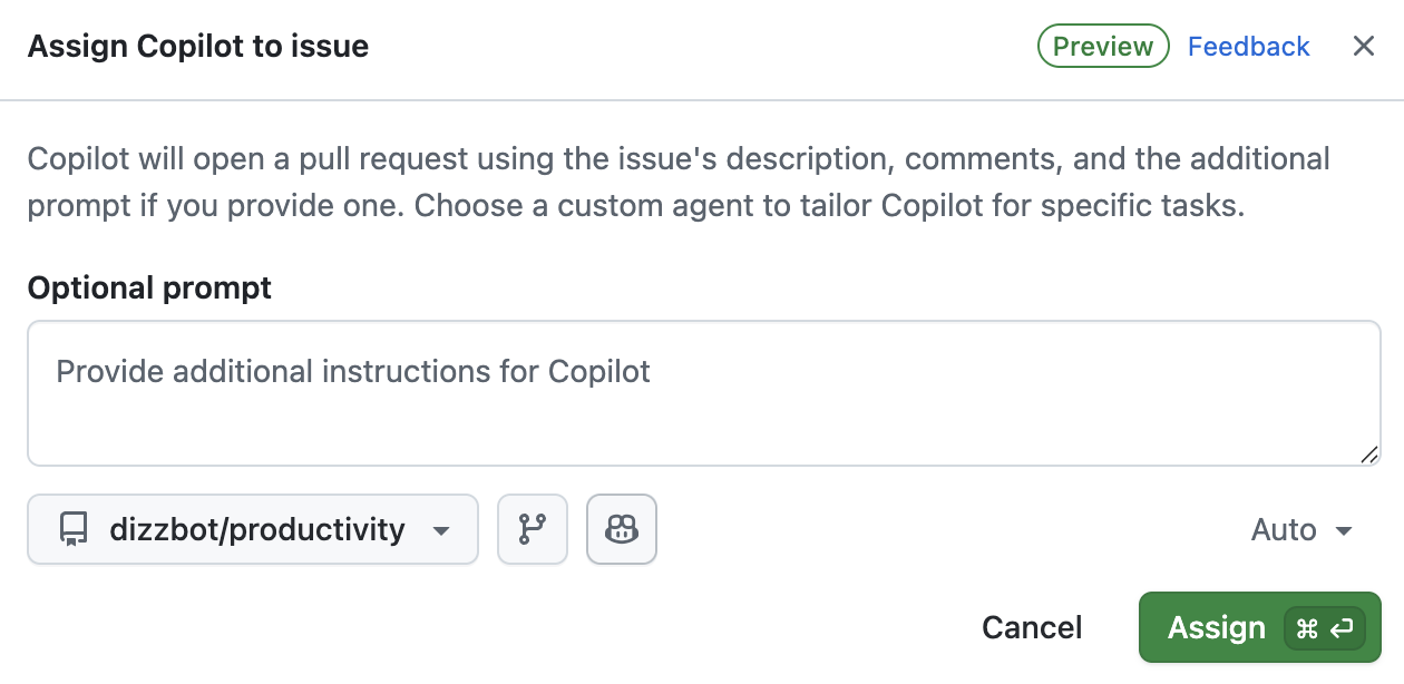 Captura de tela da caixa de diálogo "Atribuir ao Copilot" mostrando opções para repositório de destino, ramo inicial, agente personalizado, e instruções adicionais.