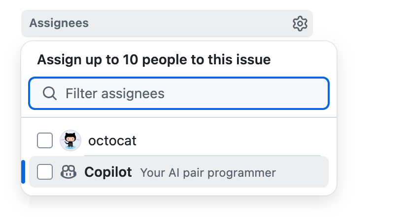 Captura de tela da janela "Assignees" em um issue. Copilot está disponível na lista.