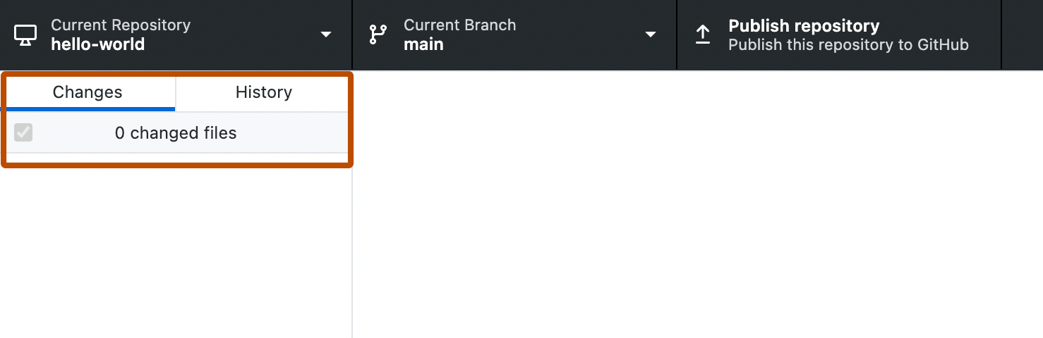 GitHub Desktop 应用的屏幕截图。 以橙色框出了左侧边栏,其中包含标有“Changes”和“History”的选项卡。