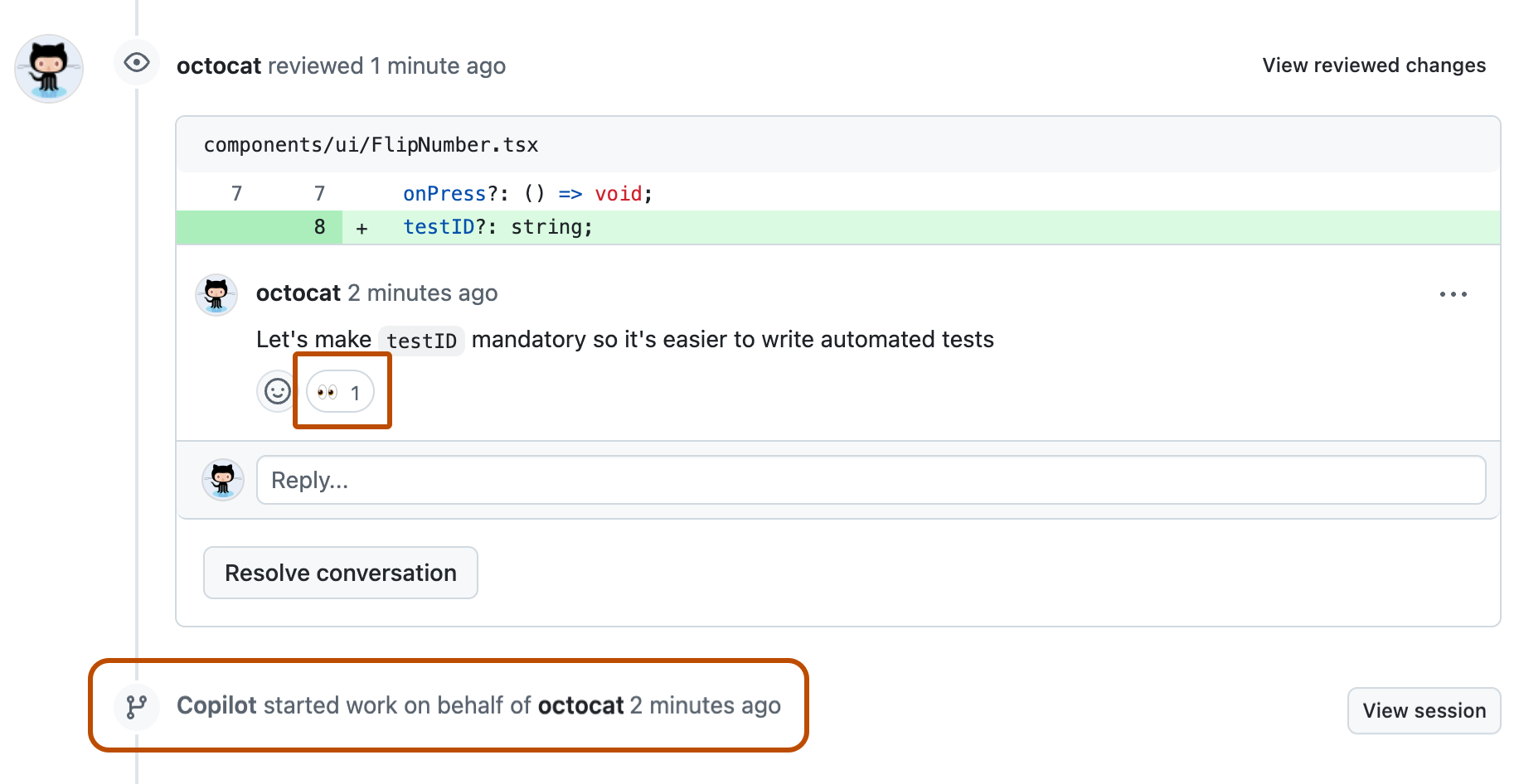 Captura de tela de uma linha do tempo de pull request com um comentário de revisão com a reação de olhos e um evento de linha do tempo "Copilot started work".