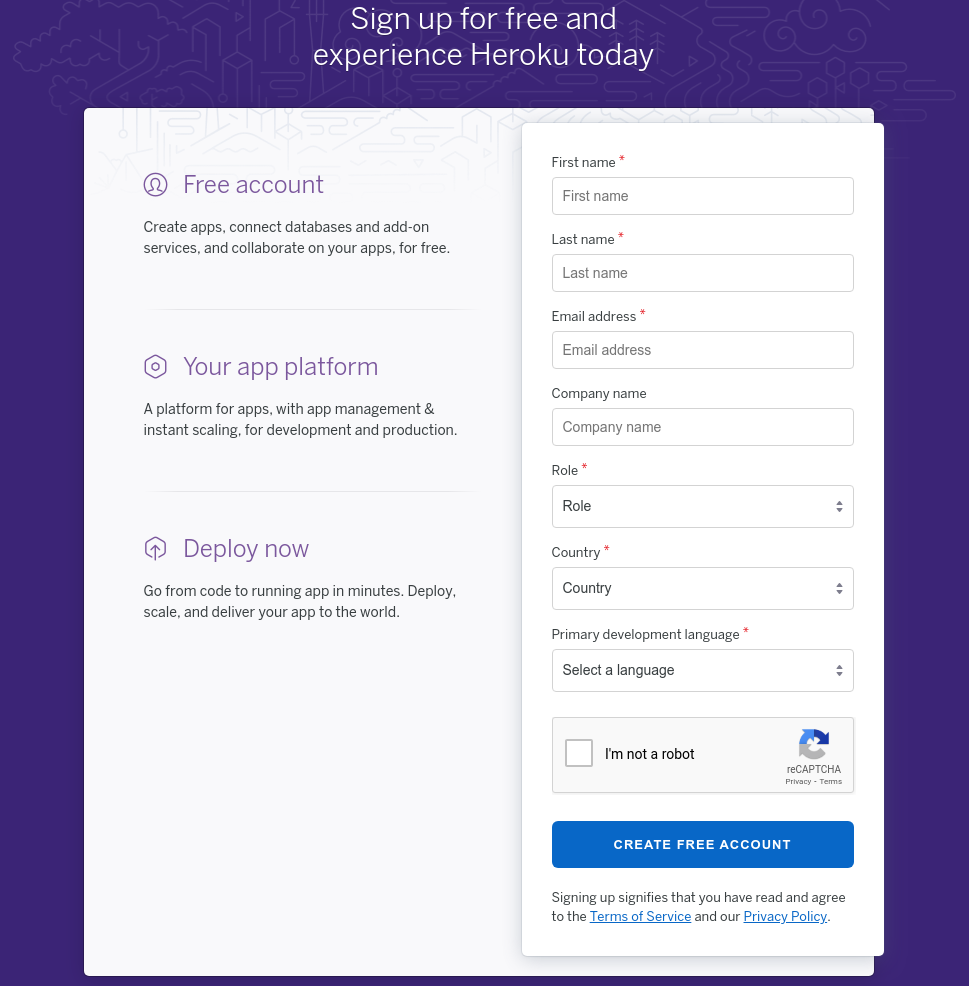 Heroku sign up screen