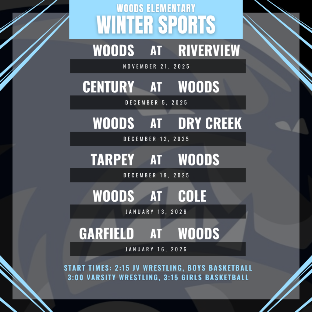 A schedule for Woods Elementary winter sports, listing dates and opponents.