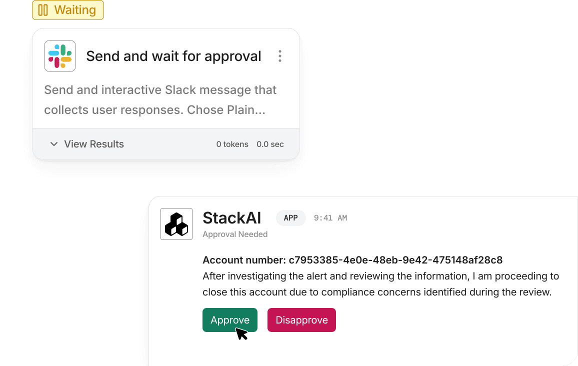 StackAI human in the loop approval message in Slack with approve and disapprove buttons