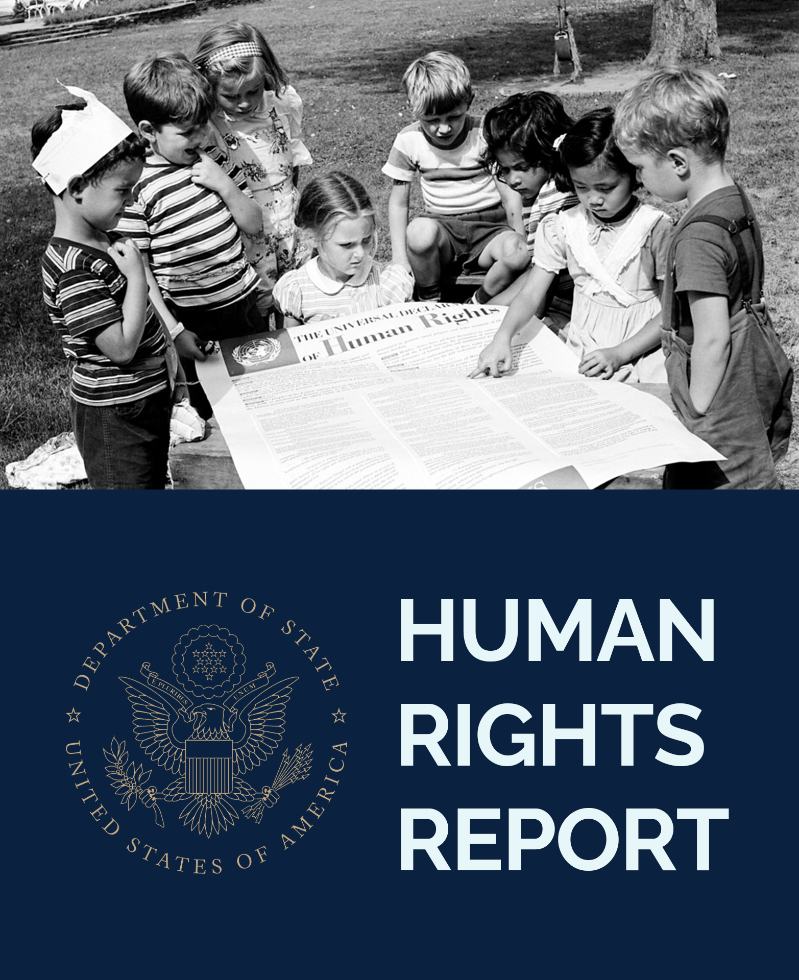 humanrightsreport2020_v3 (4) Children examine a large version of the Universal Declaration of Human Rights