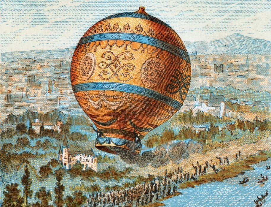 An illustration of the Montgolfier brothers' balloon flying over the Seine River in Paris
