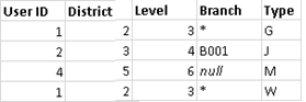 A table displaying user ID, district, level, branch, and type information.